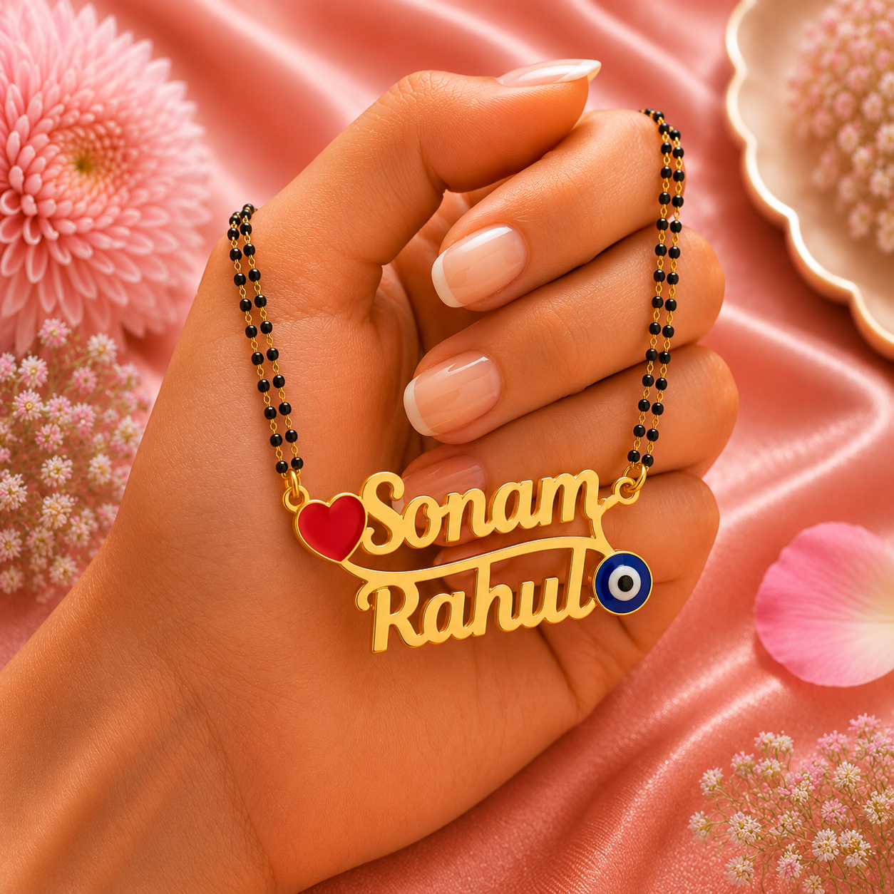 Personalized Couple Name Mangalsutra with Heart & Evil Eye Design