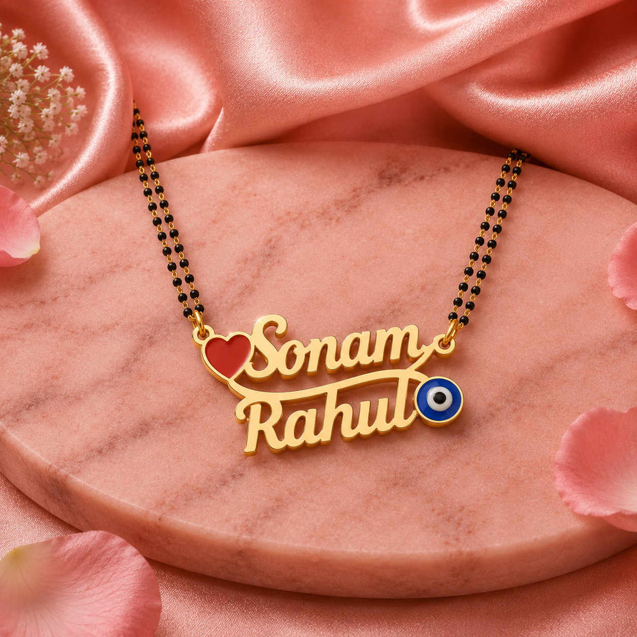 Personalized Couple Name Mangalsutra with Heart & Evil Eye Design
