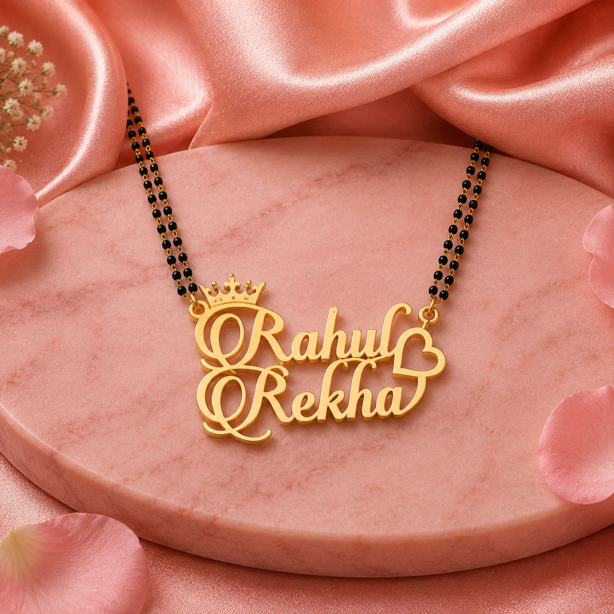 Personalized Couple Name Mangalsutra with Crown & Double Heart Design