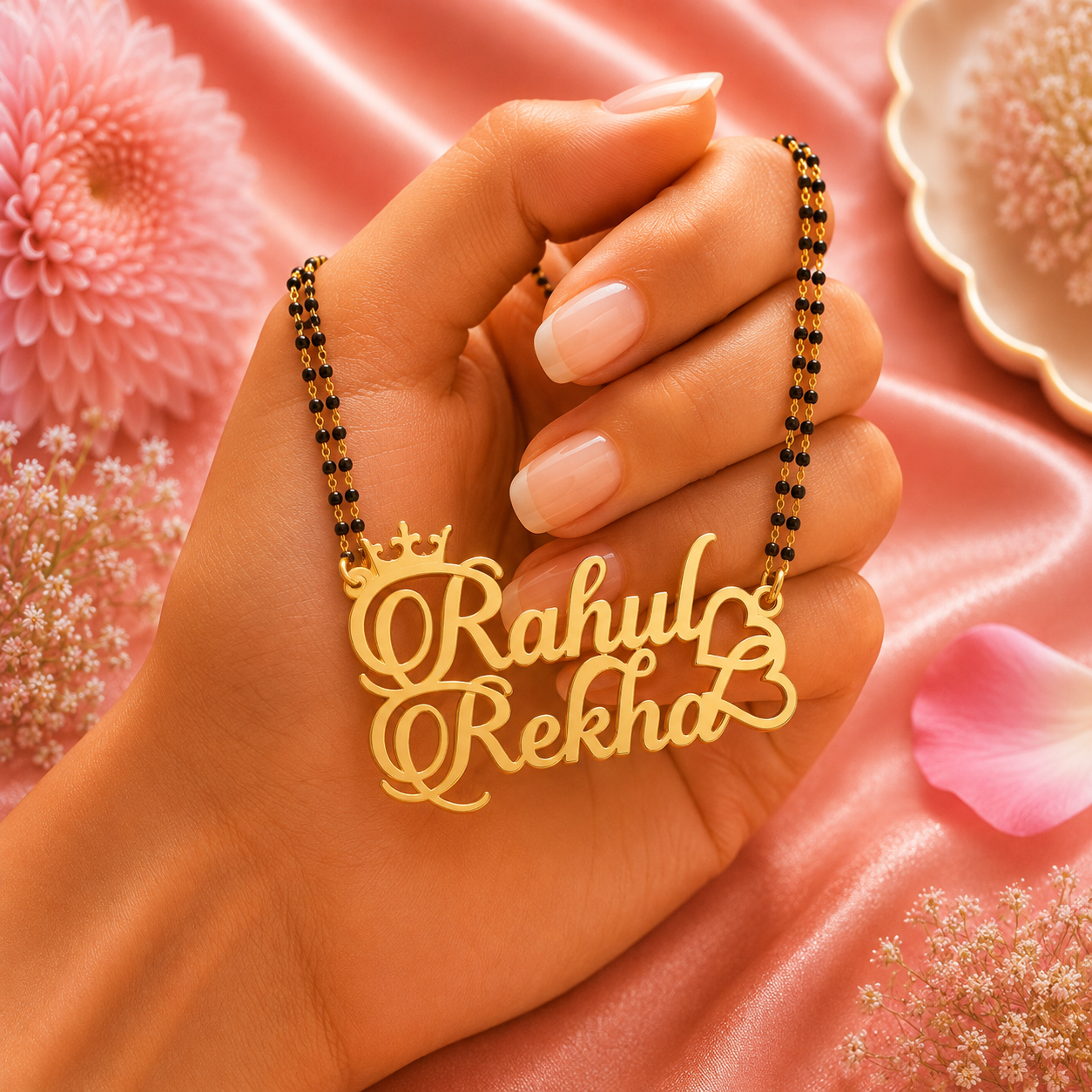 Personalized Couple Name Mangalsutra with Crown & Double Heart Design