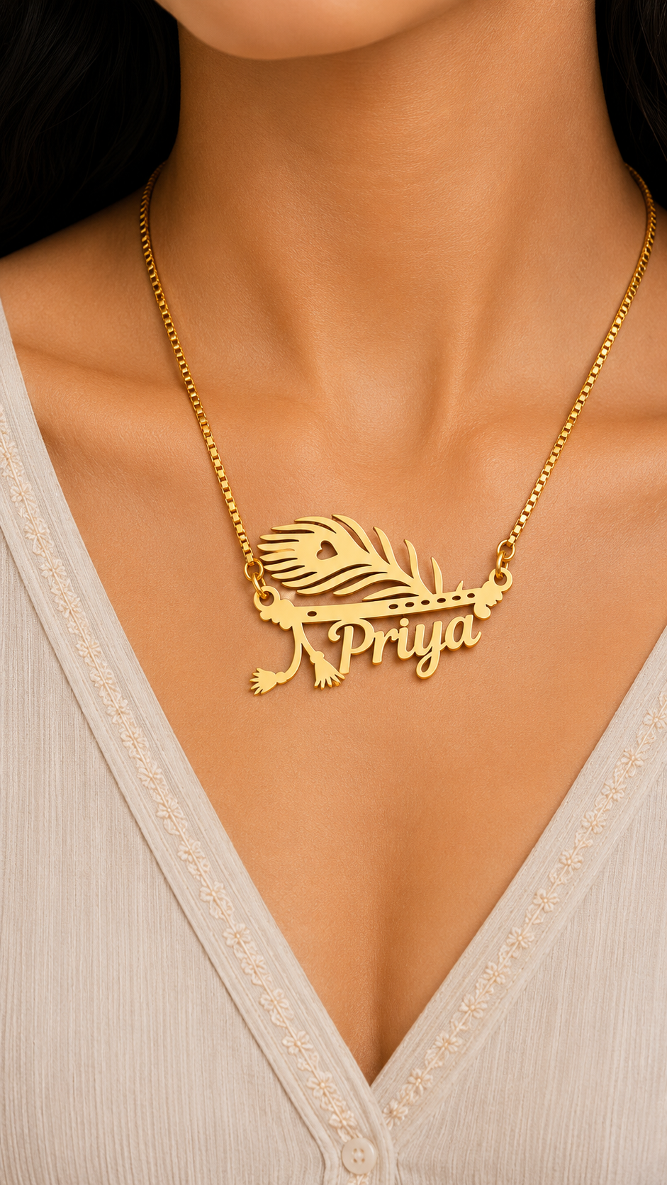 Personalized Krishna Flute & MorPankh Name Necklace