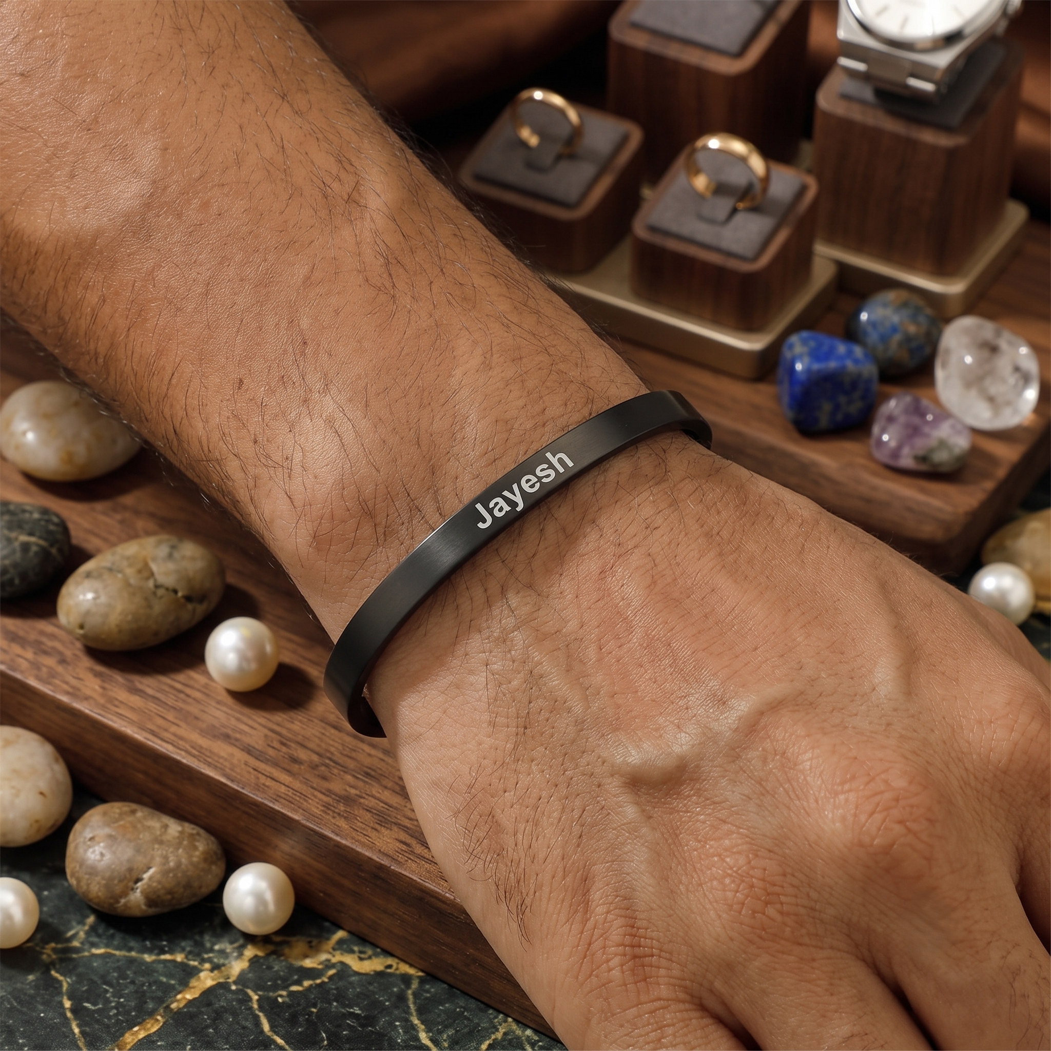 Personalized Black Name Cuff Bracelet for Men | Custom Engraved Kada