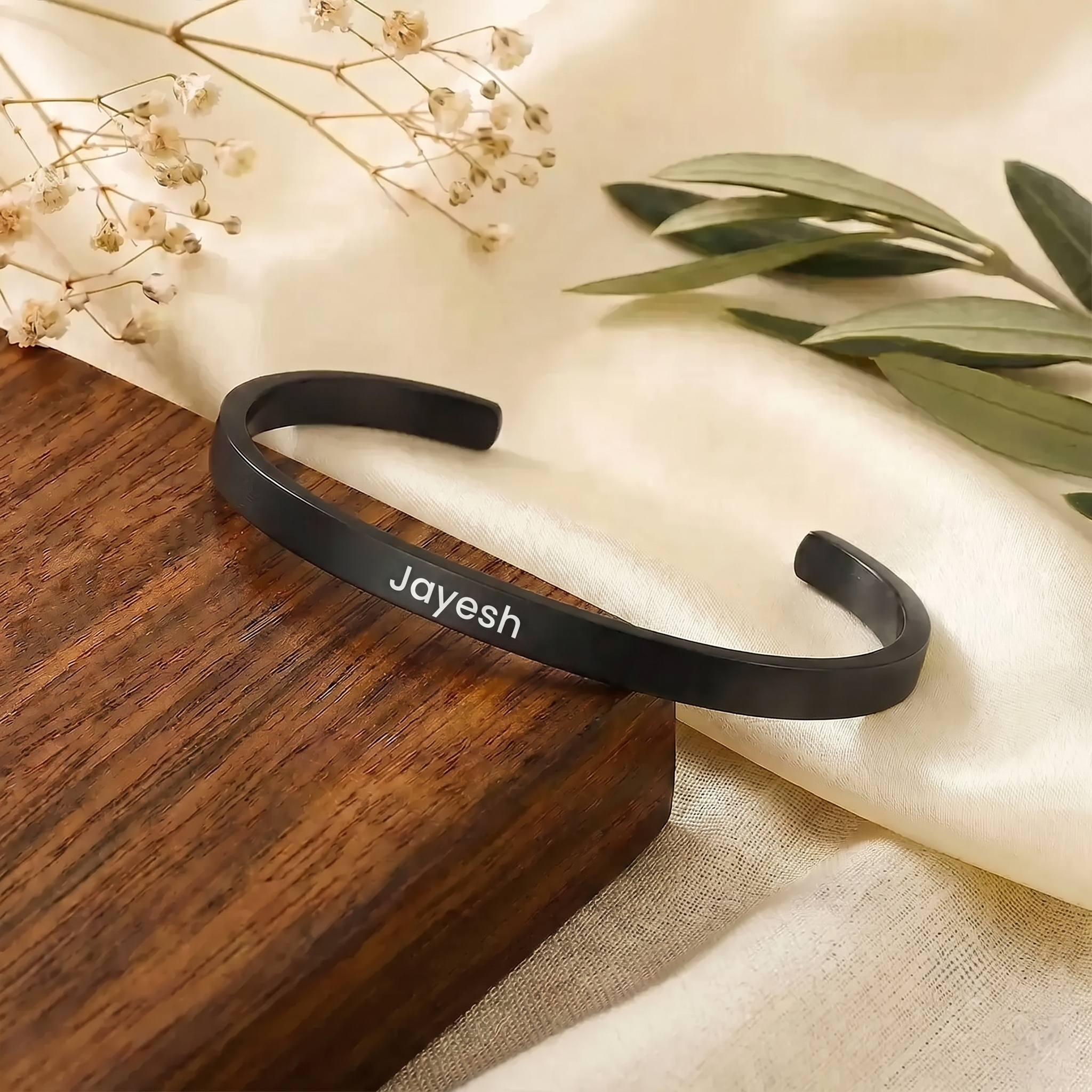 Personalized Black Name Cuff Bracelet for Men | Custom Engraved Kada