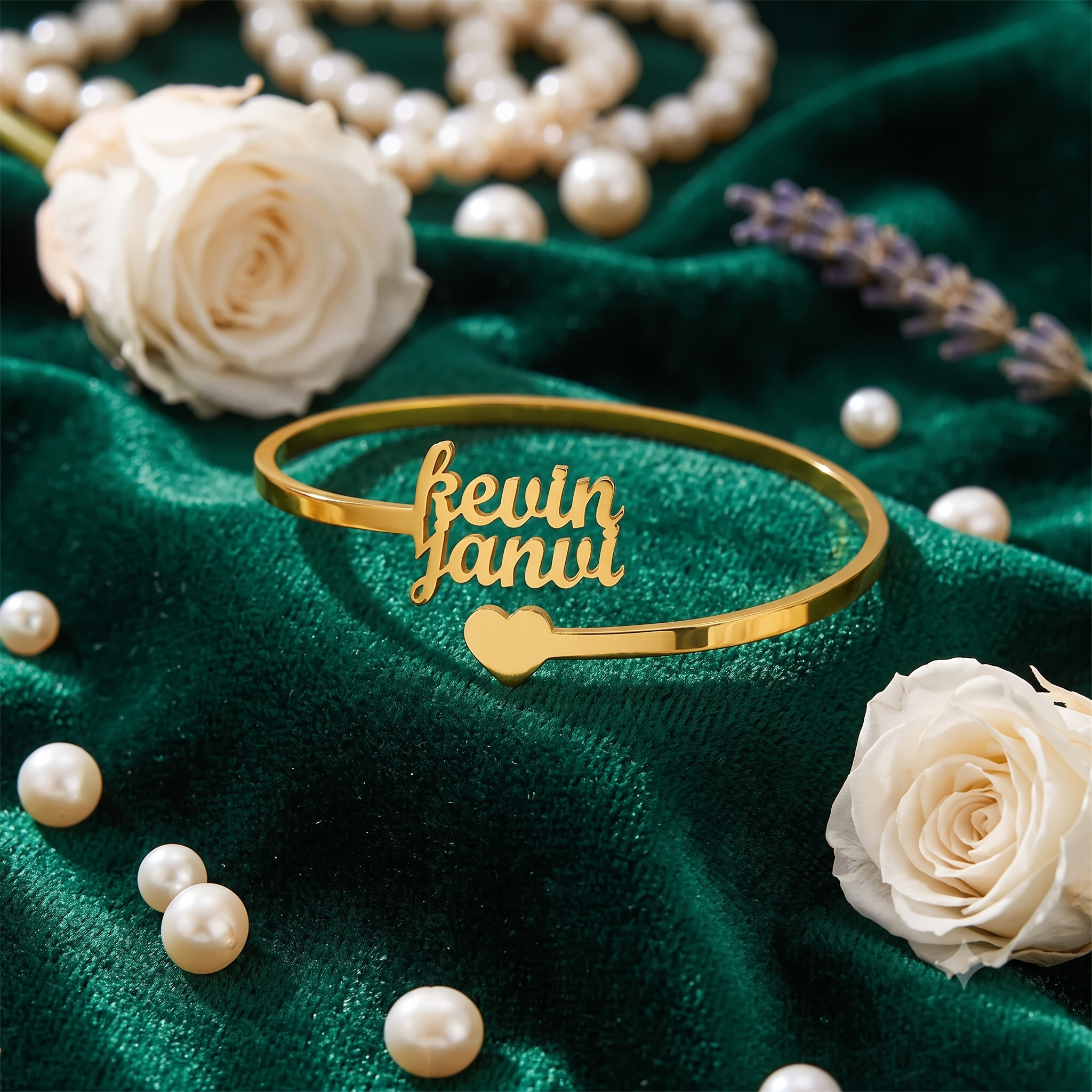 Personalized Double Name Gold Bangle with Heart | Custom Couple Bracelet