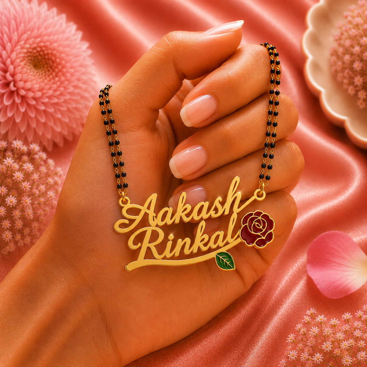 Personalized Couple Name Mangalsutra with Rose Flower Design