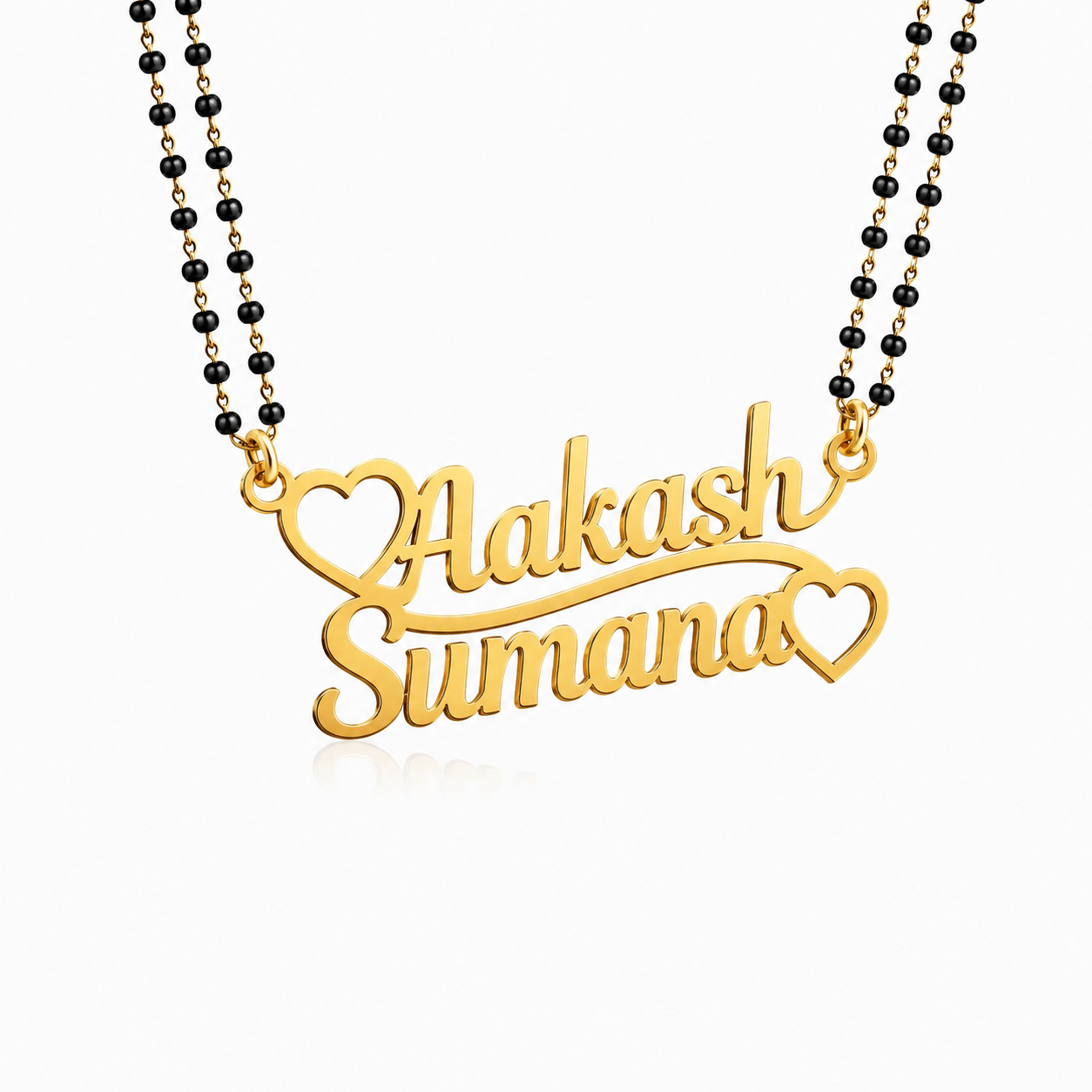 Personalized Two Name Mangalsutra Necklace with Double Heart Design