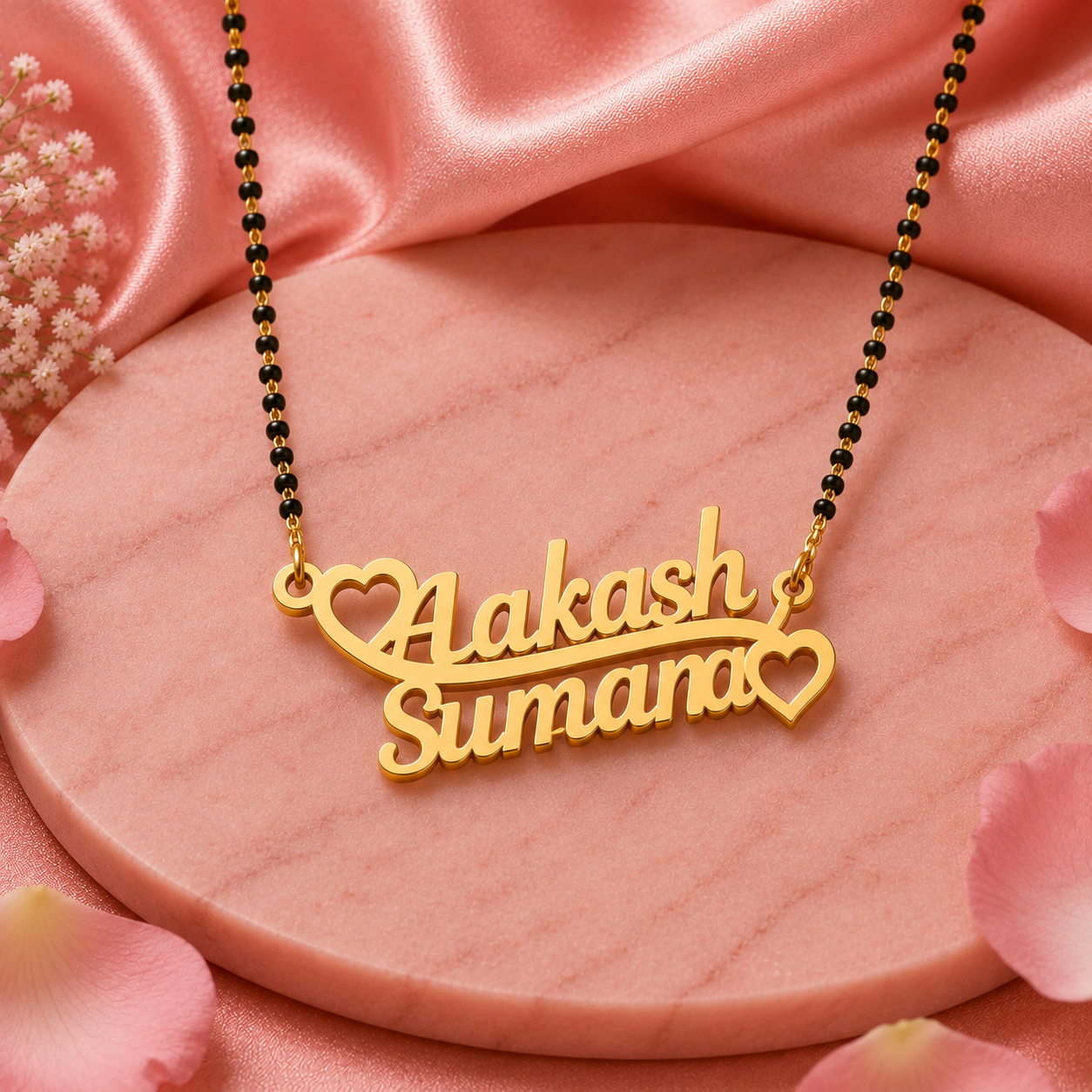 Personalized Two Name Mangalsutra Necklace with Double Heart Design