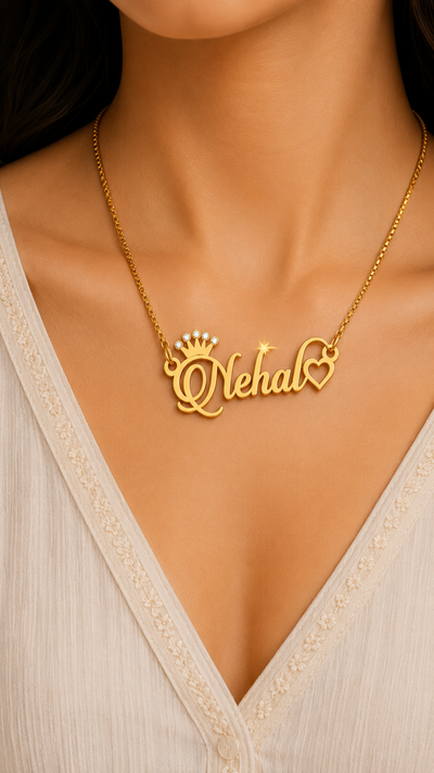 Personalized Royal Crown & Heart Nameplate Necklace