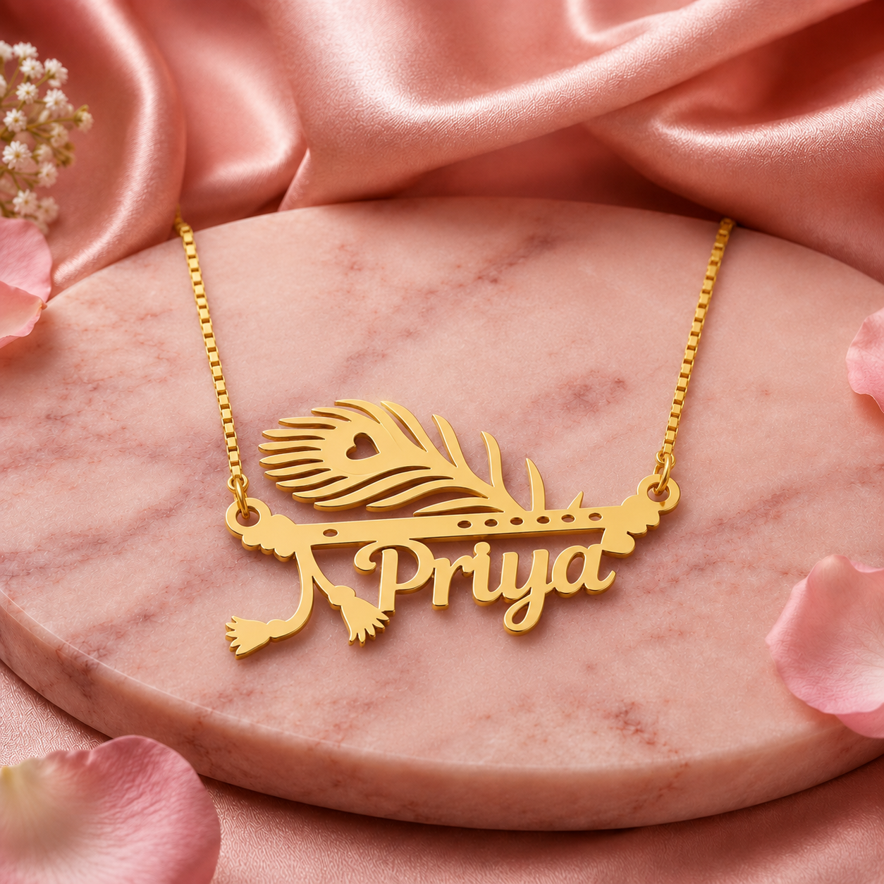 Personalized Krishna Flute & MorPankh Name Necklace