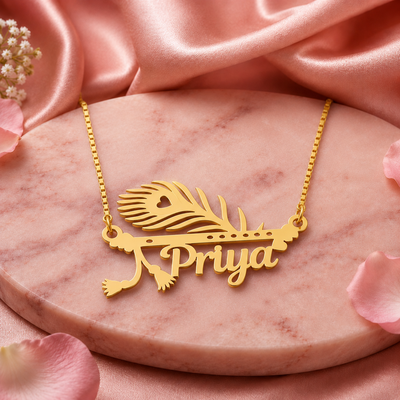 Personalized Krishna Flute & MorPankh Name Necklace