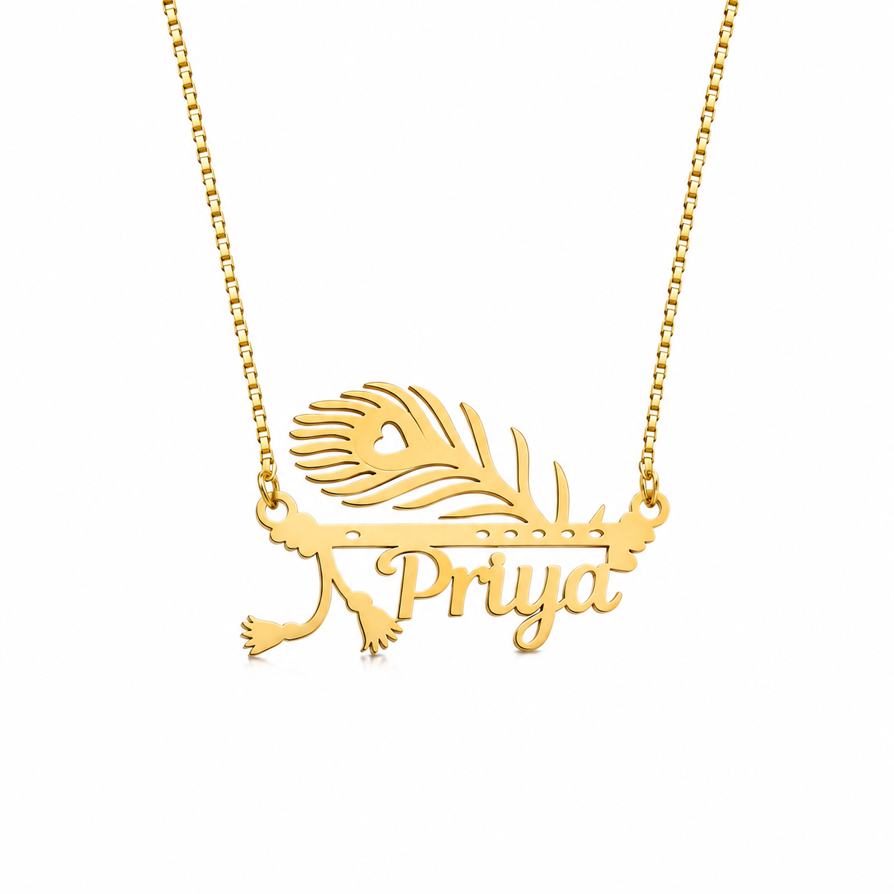 Personalized Krishna Flute & MorPankh Name Necklace