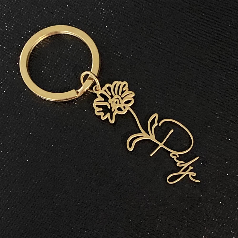 Personalized Birth Flower Name Keychain