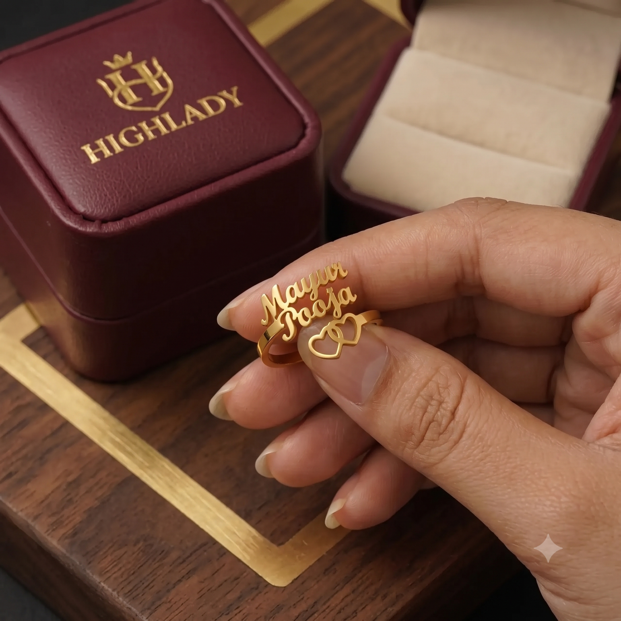 personalized couple name double heart ring