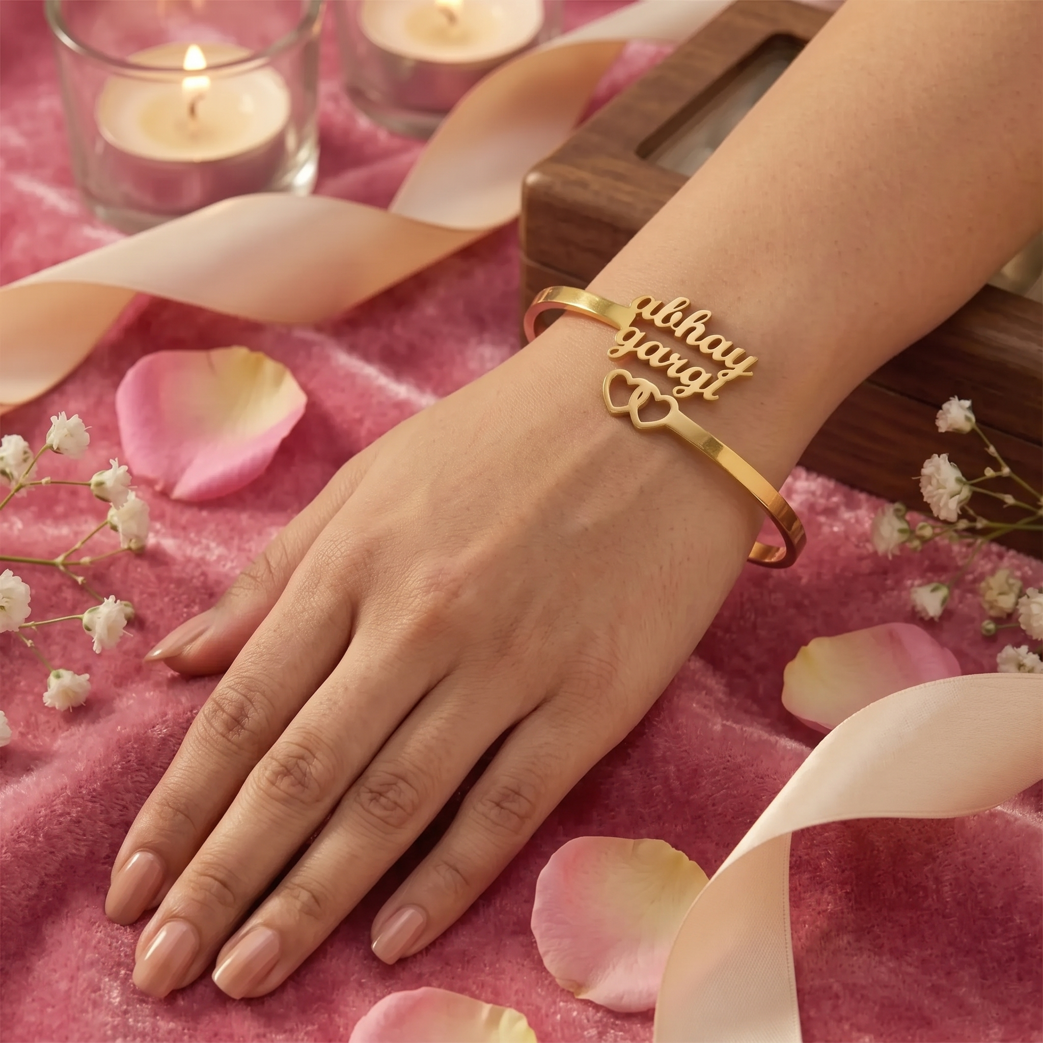 Personalized Double Name Gold Bangle with Hearts | Couple Bracelet