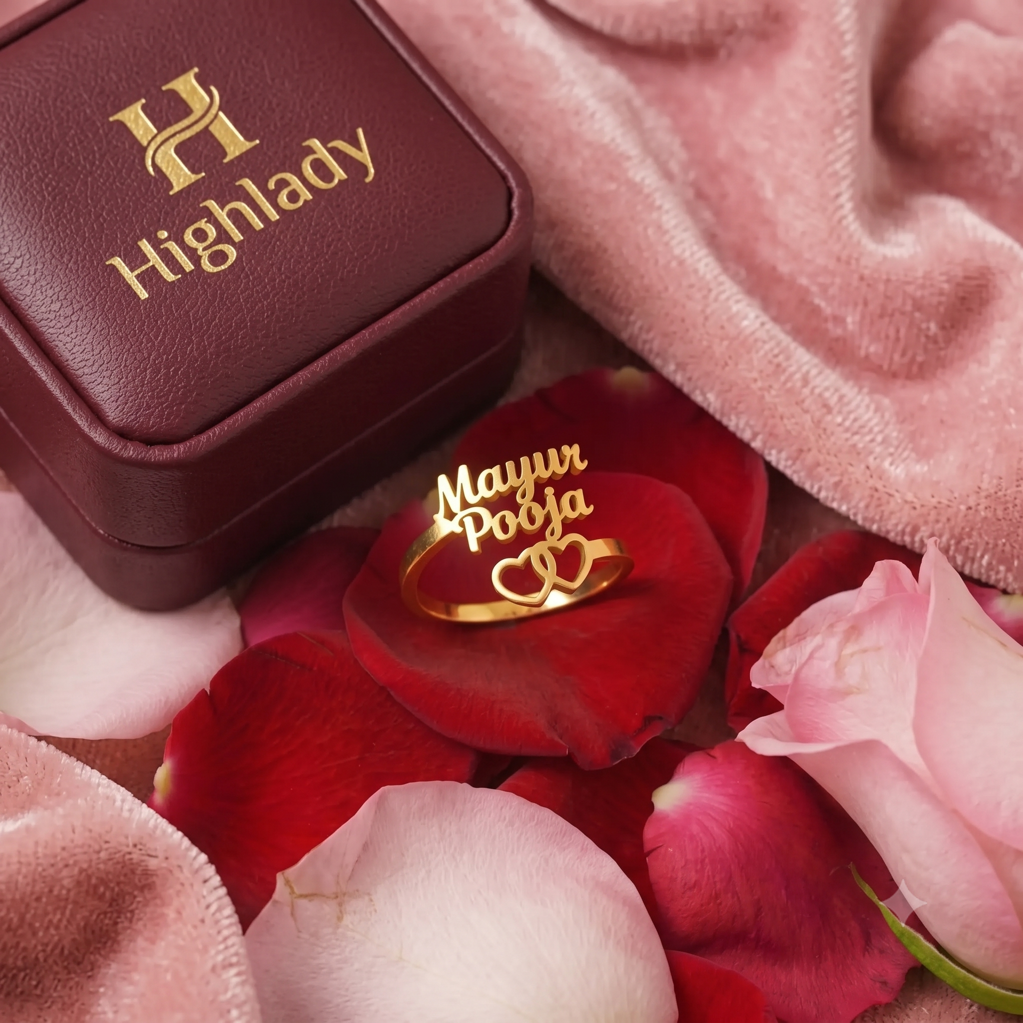 personalized couple name double heart ring