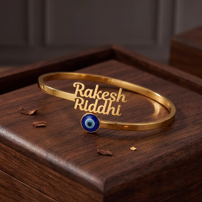 Personalized Double Name Gold Bangle with Evil Eye | Custom Couple Bracelet