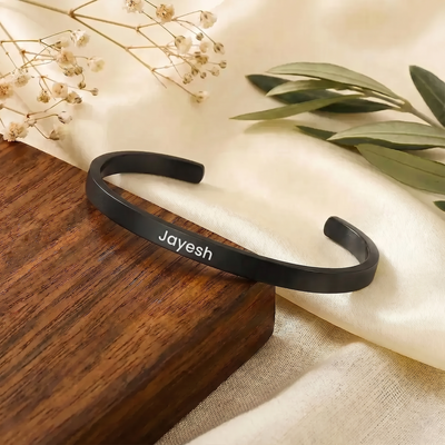Personalized Black Name Cuff Bracelet for Men | Custom Engraved Kada
