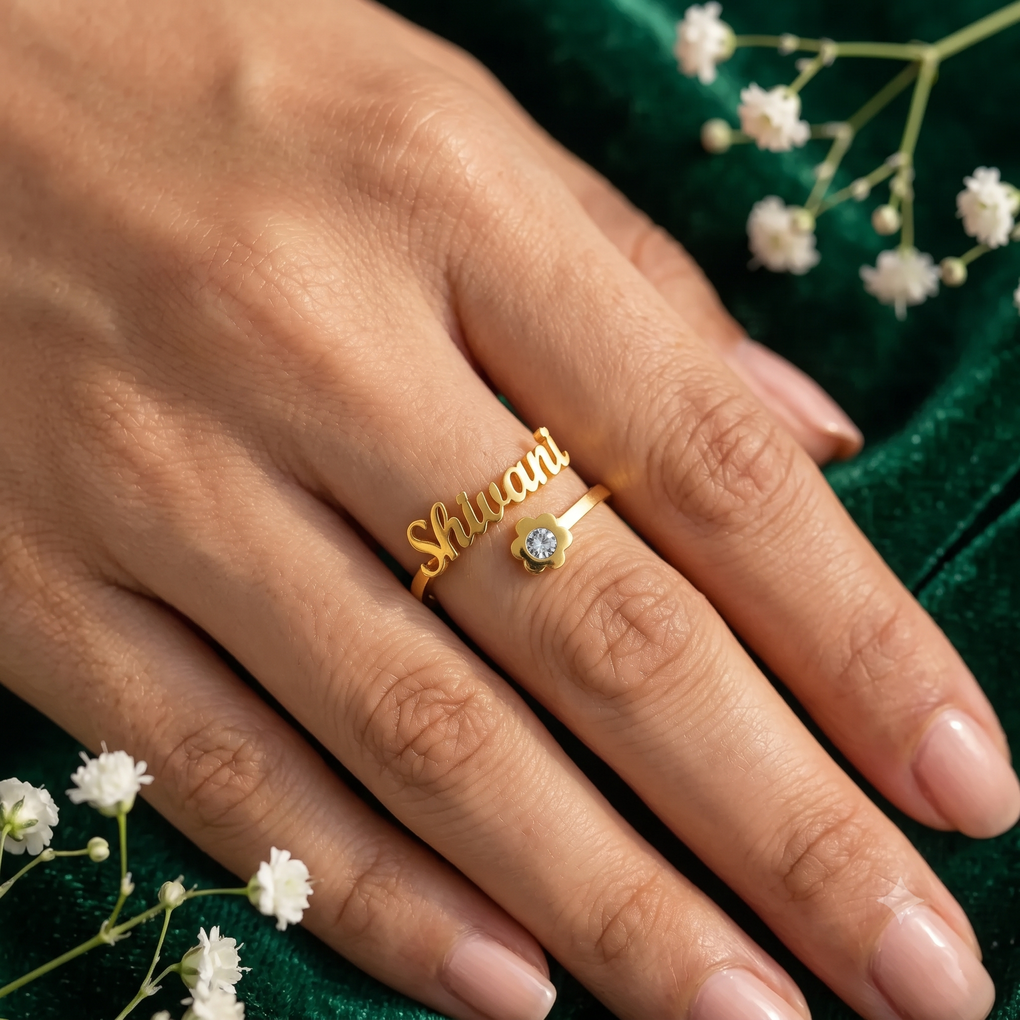 personalized flower name diamond ring