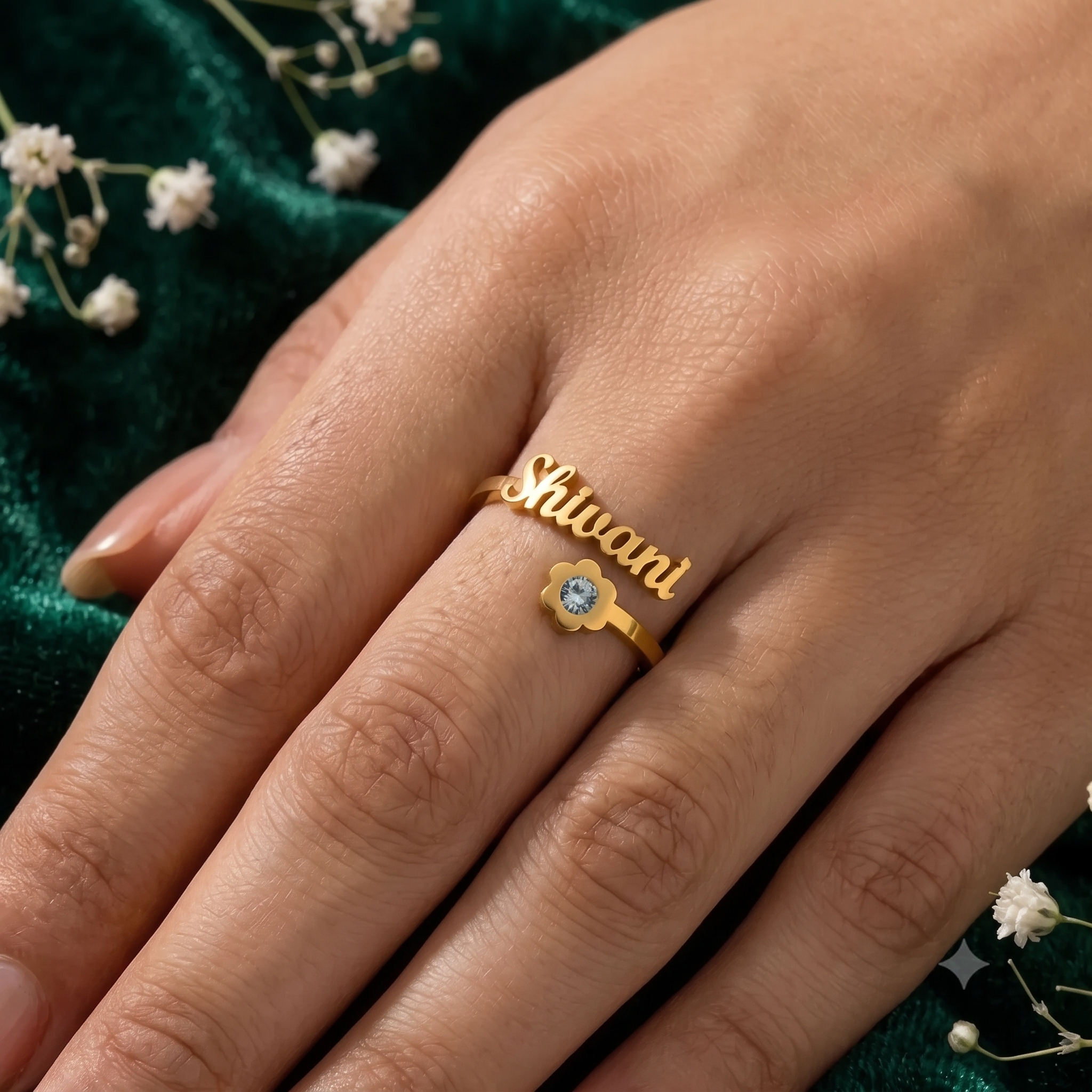 personalized flower name diamond ring
