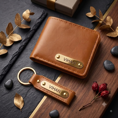 Personalized Leather Wallet & Keychain Gift Set