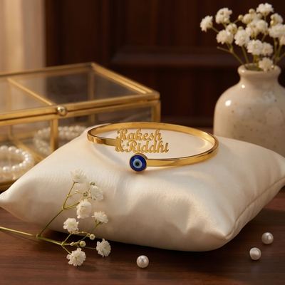 Personalized Double Name Gold Bangle with Evil Eye | Custom Couple Bracelet