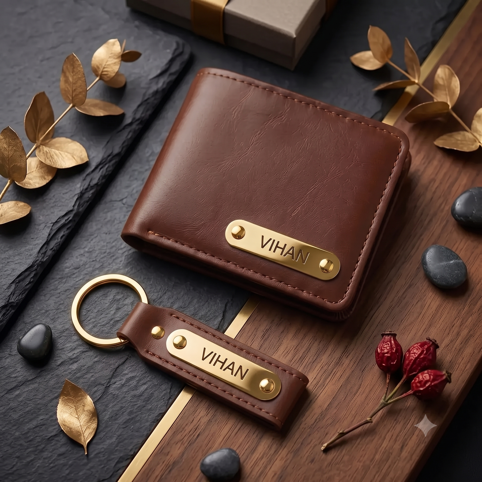 Personalized Leather Wallet & Keychain Gift Set