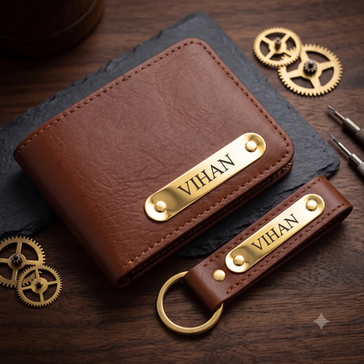 Personalized Leather Wallet & Keychain Gift Set