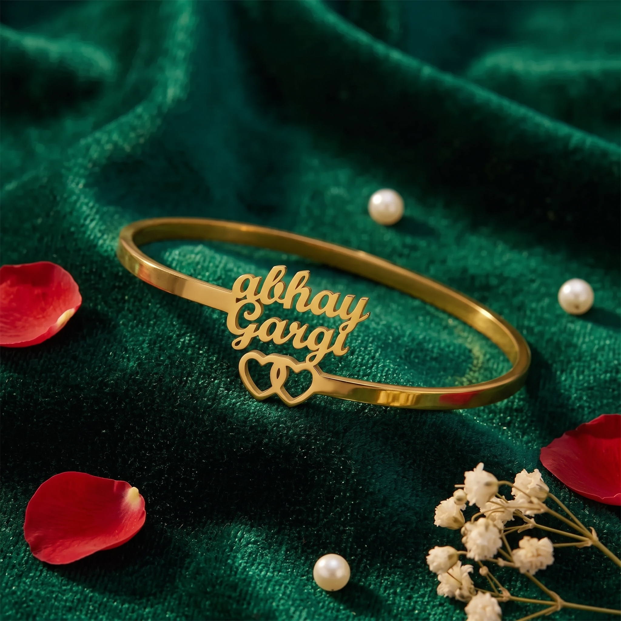 Personalized Double Name Gold Bangle with Hearts | Couple Bracelet