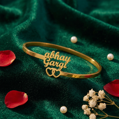 Personalized Double Name Gold Bangle with Hearts | Couple Bracelet