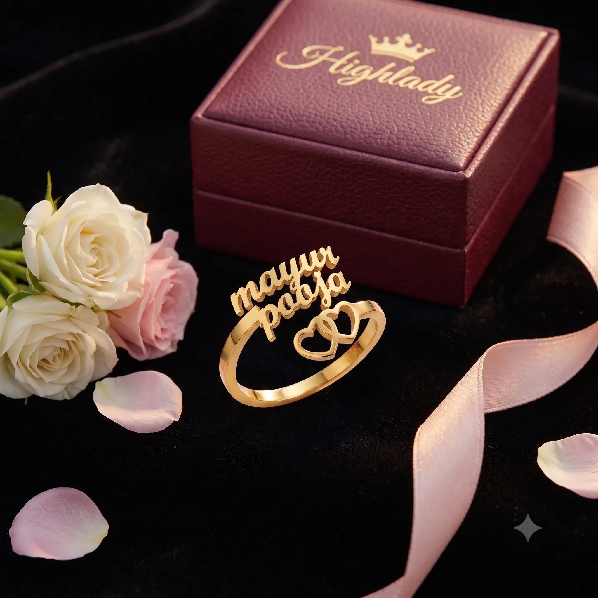personalized couple name double heart ring