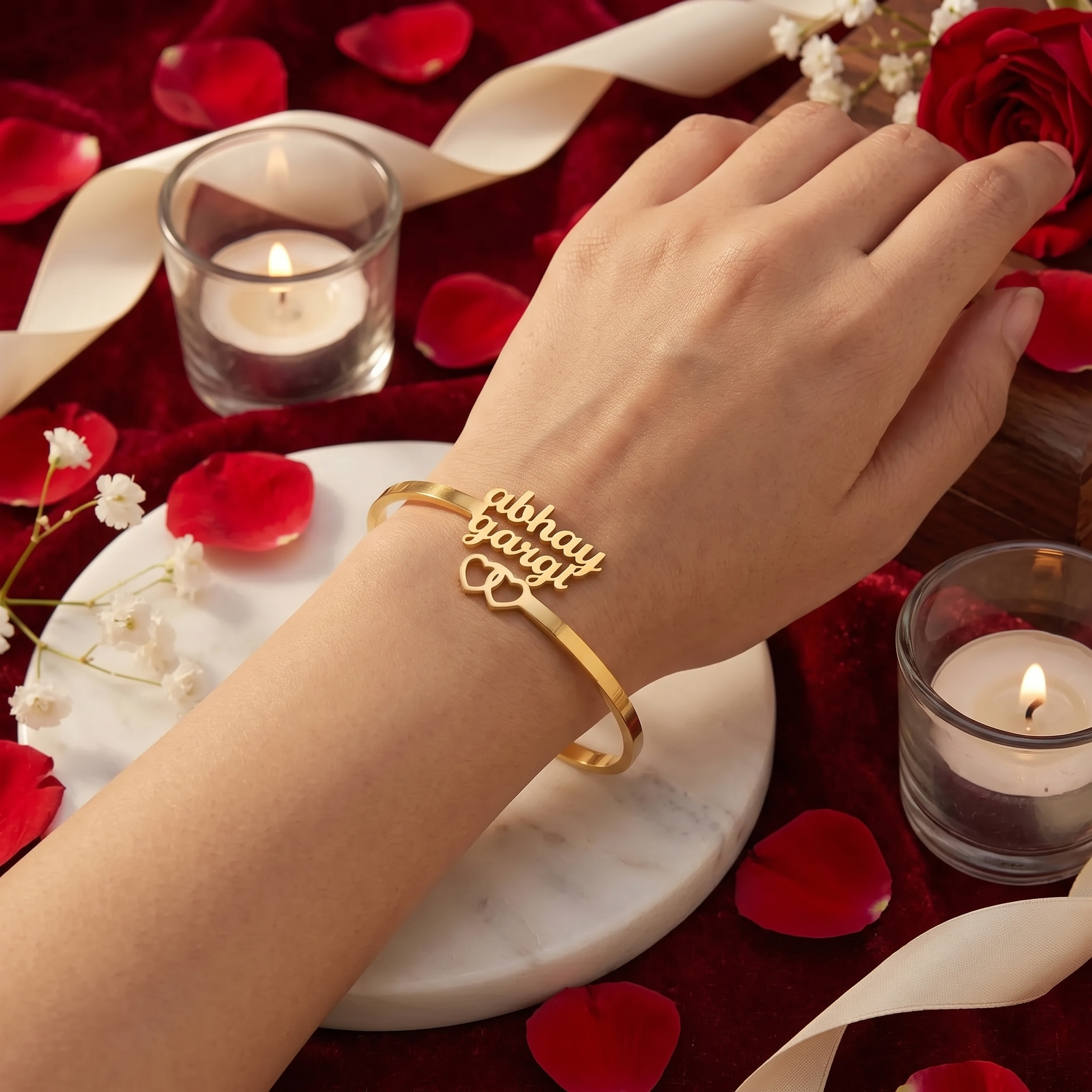 Personalized Double Name Gold Bangle with Hearts | Couple Bracelet