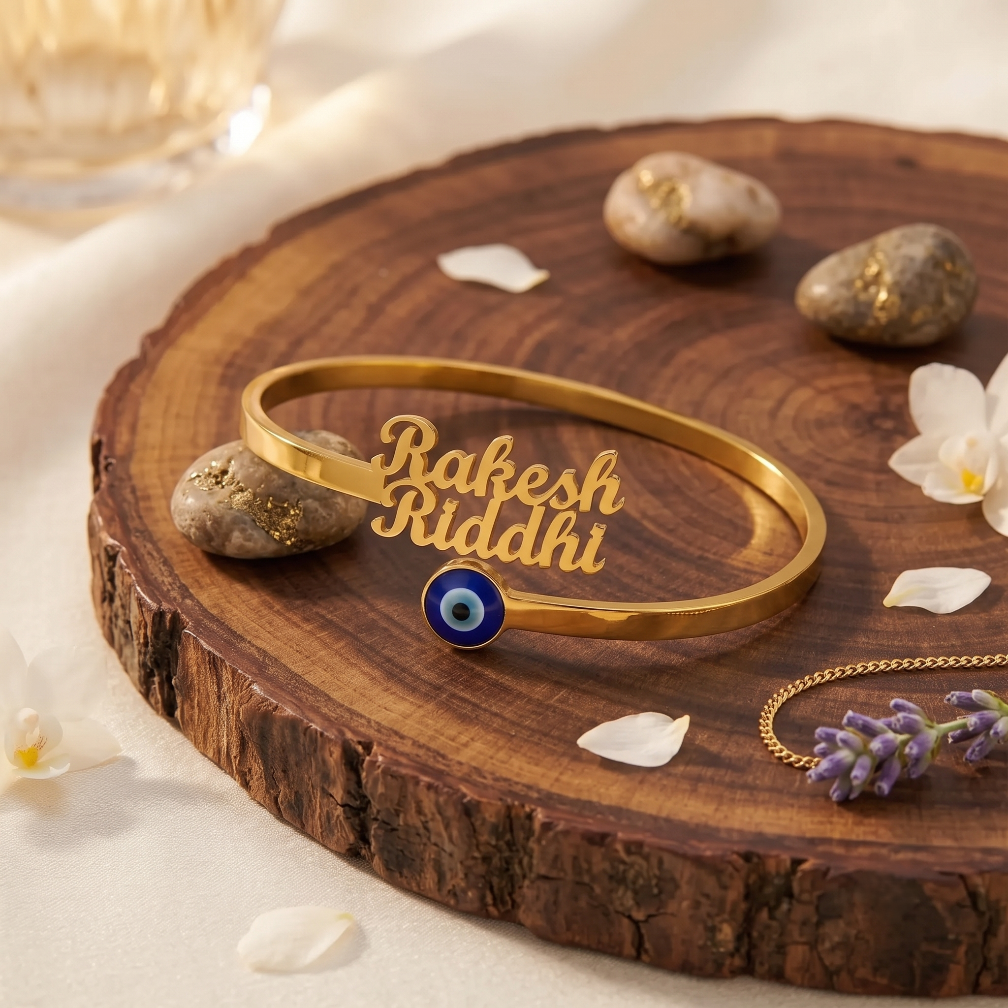 Personalized Double Name Gold Bangle with Evil Eye | Custom Couple Bracelet