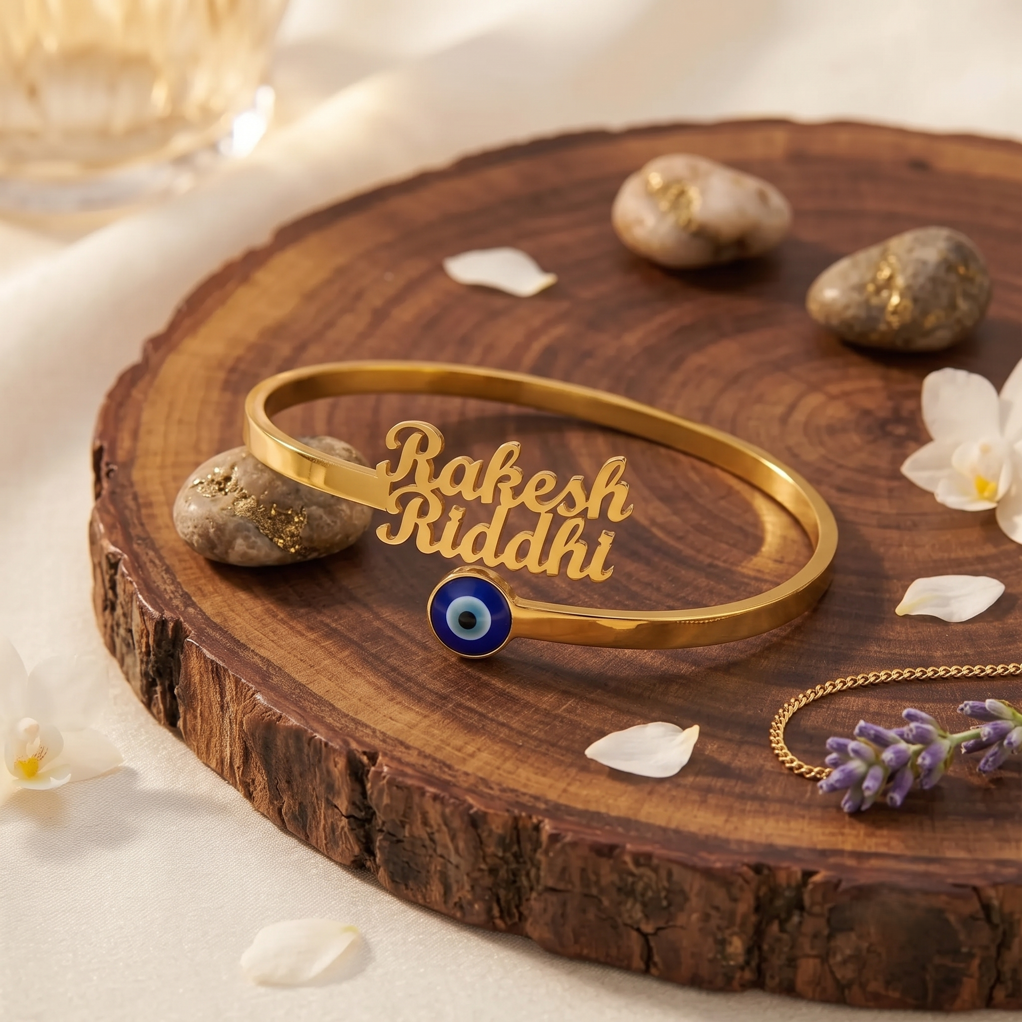 Personalized Double Name Gold Bangle with Evil Eye | Custom Couple Bracelet