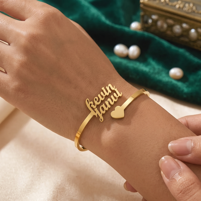 Personalized Double Name Gold Bangle with Heart | Custom Couple Bracelet