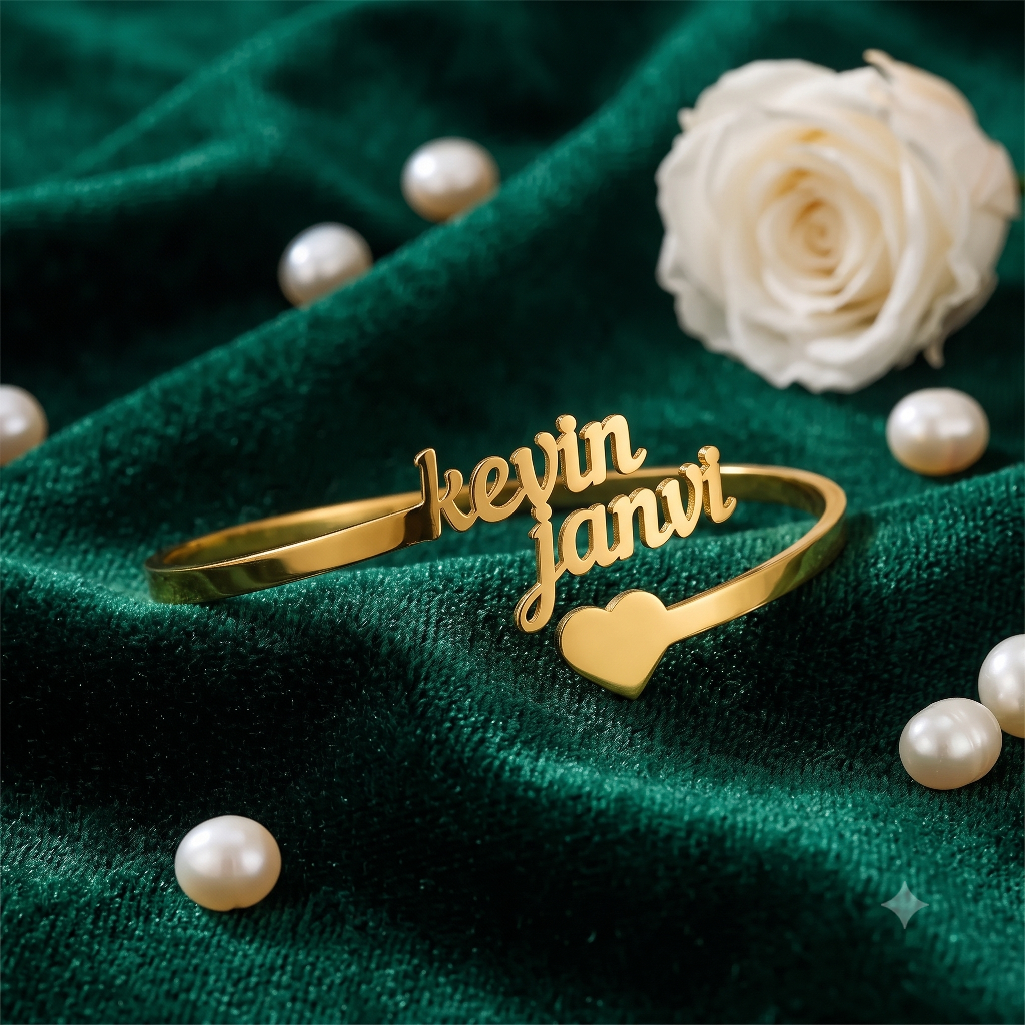 Personalized Double Name Gold Bangle with Heart | Custom Couple Bracelet