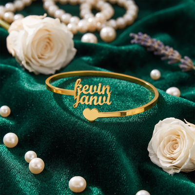 Personalized Double Name Gold Bangle with Heart | Custom Couple Bracelet