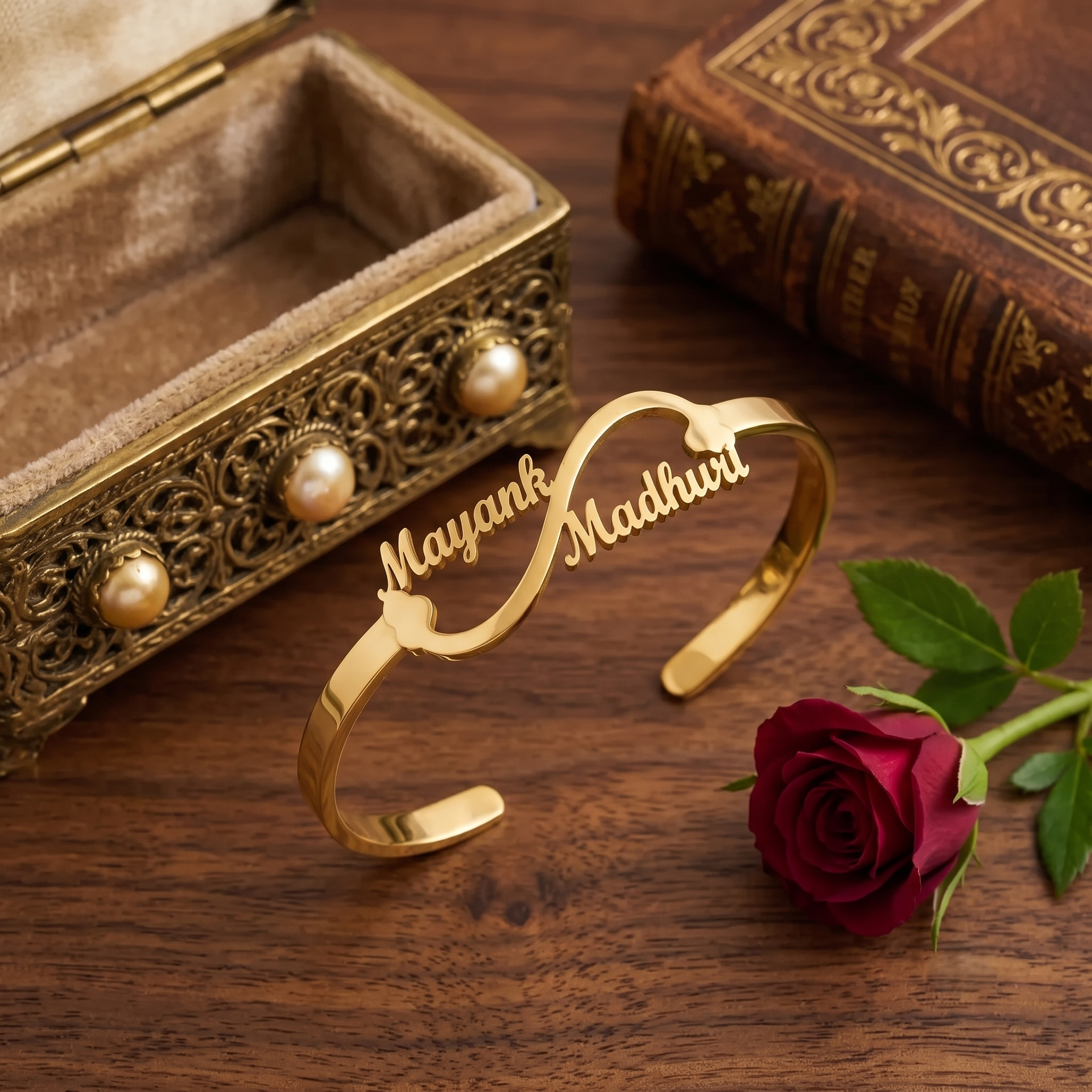 Personalized Double Name Infinity Gold Bangle | Custom Couple Bracelet