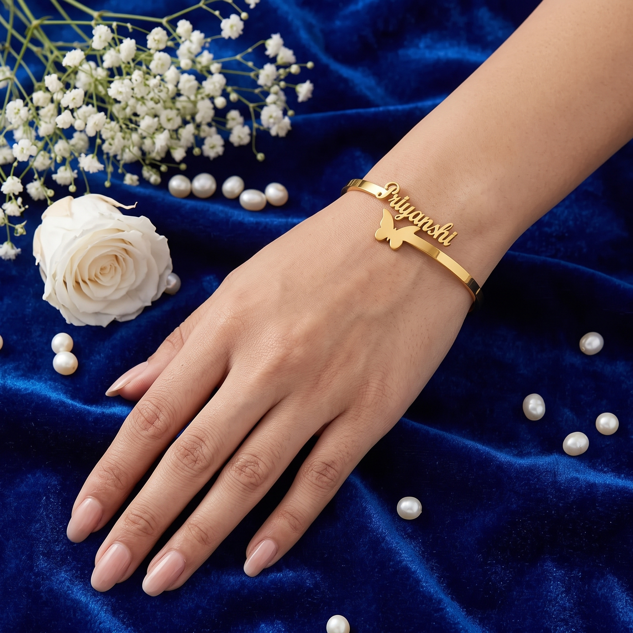 Personalized Name Gold Bangle with Butterfly | Custom Bracelet