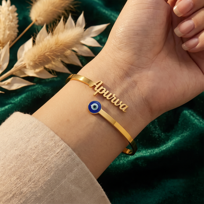 Personalized Name Gold Bangle with Evil Eye | Custom Bracelet